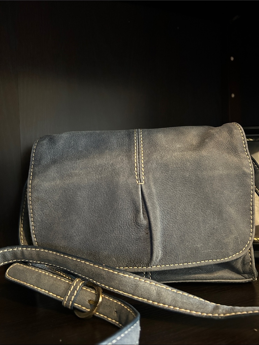 Coldwater Creek Navy Suede Messenger Bag with Contrast Stitching